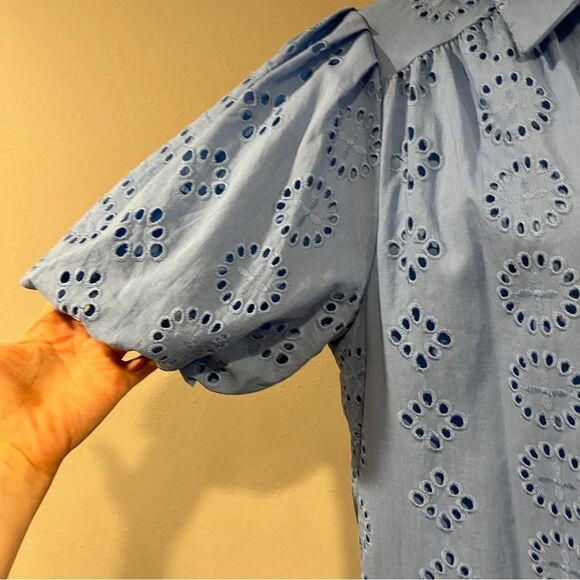 Donna Morgan Blue Eyelet Button-Up short sleeves straight cut dress size 10 - Picture 3 of 13